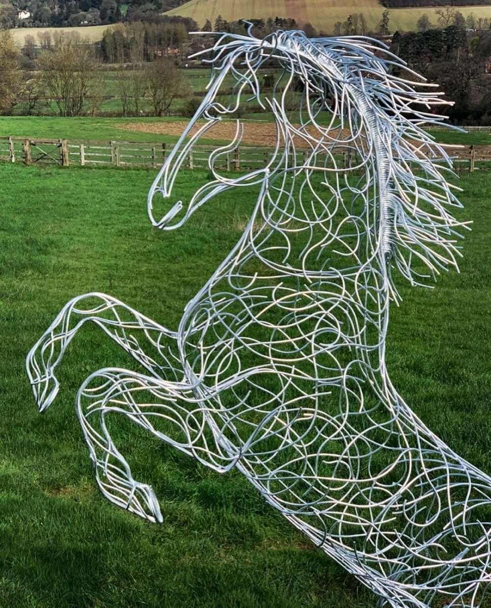 Large Silver Galvanised Rearing Horse Sculpture