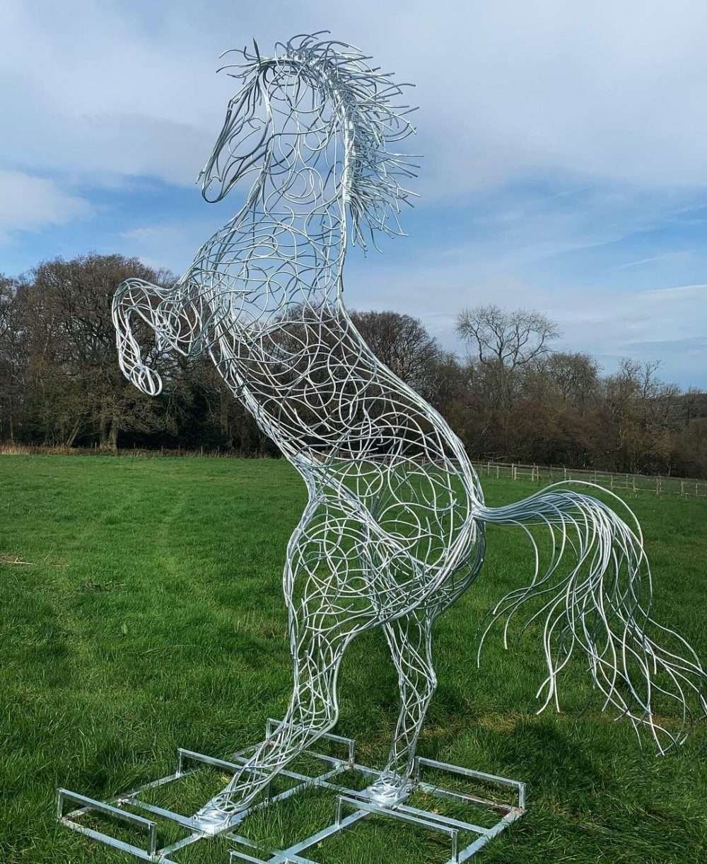 Large Silver Rearing Horse Sculpture