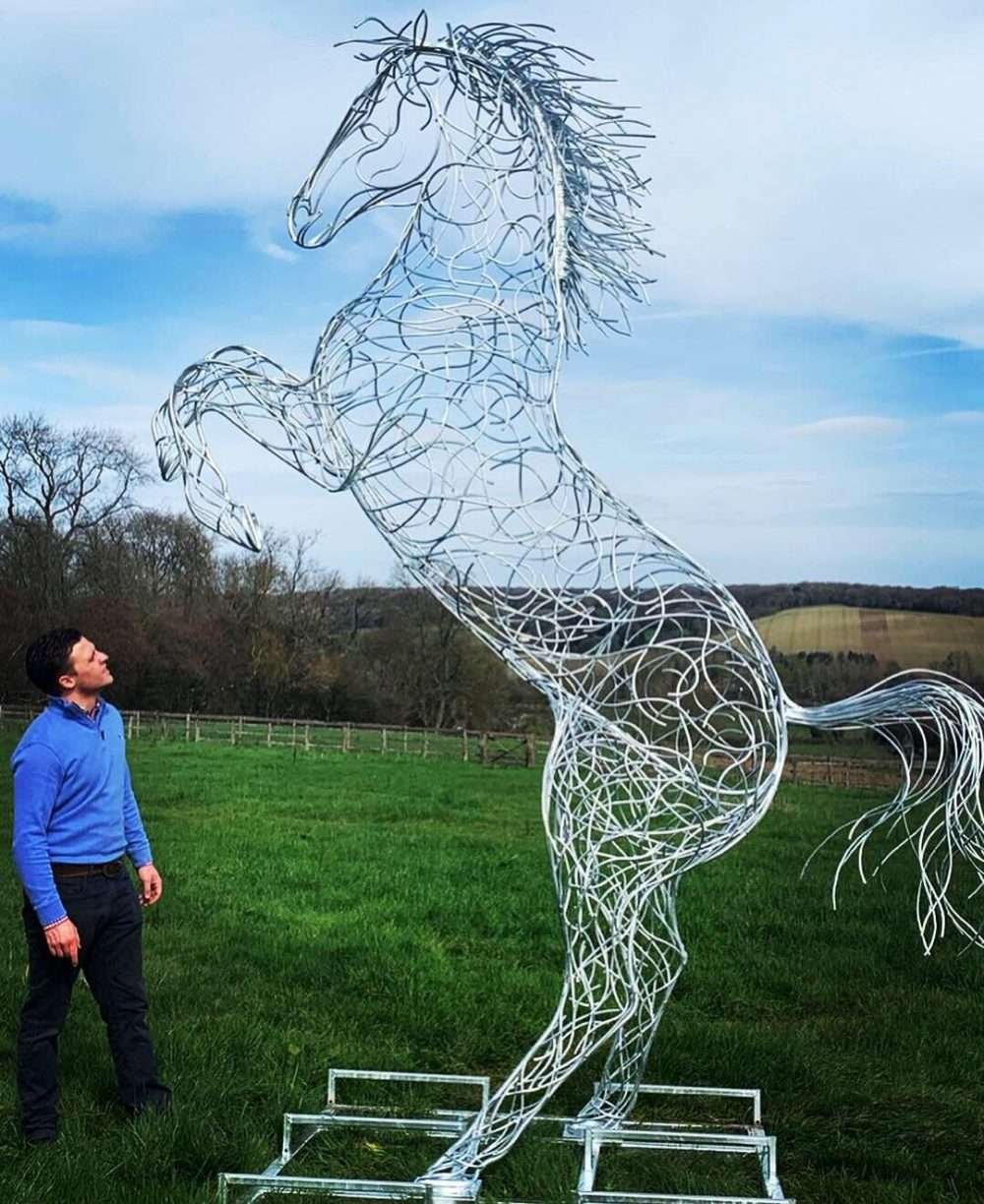 Galvanised Silver Rearing Horse Sculpture