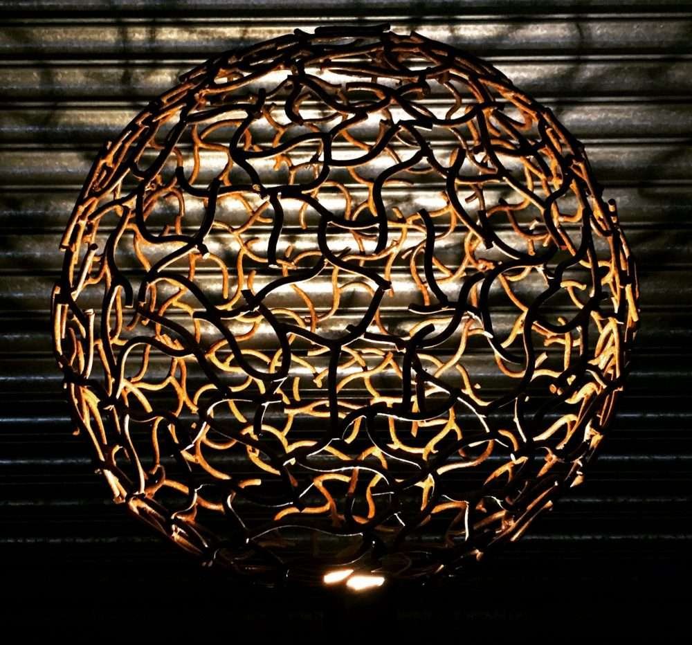 Rustic Sphere Sculpture Lit Up