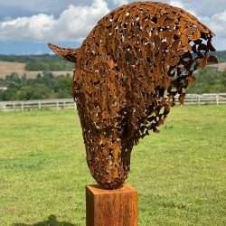 Rustic Horse Head On Wooden Plinth