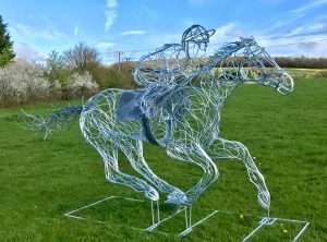Horse and Jokey Silver Galvanised Sculpture In Field