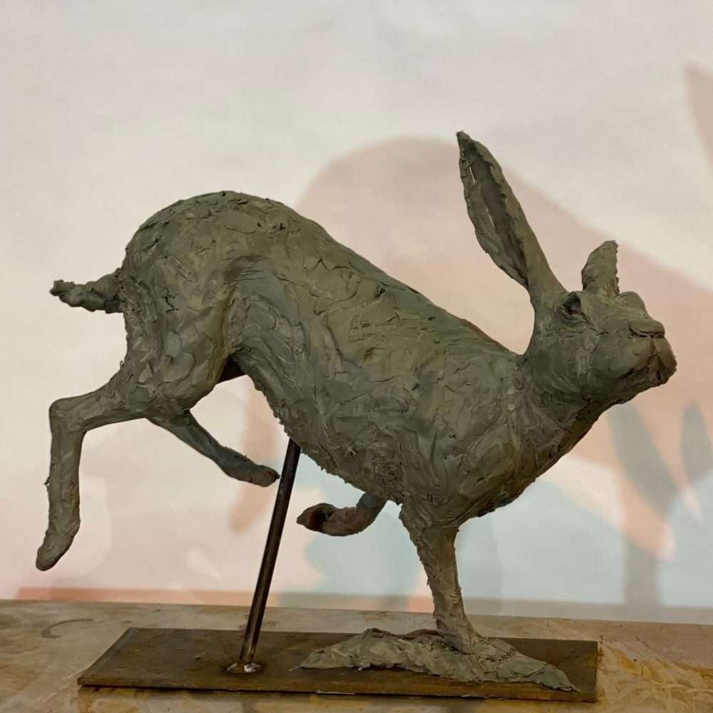 Running Hare 2020 Bronze Sculpture clay side view
