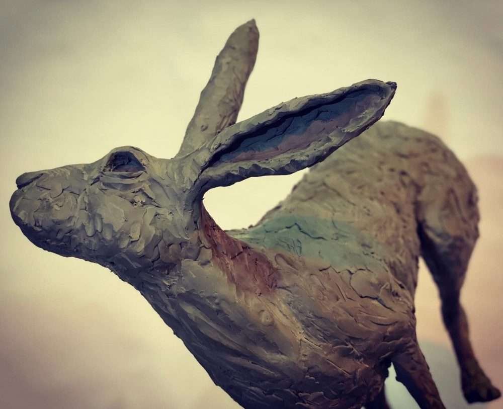 Running Hare 2020 Bronze Sculpture clay close up