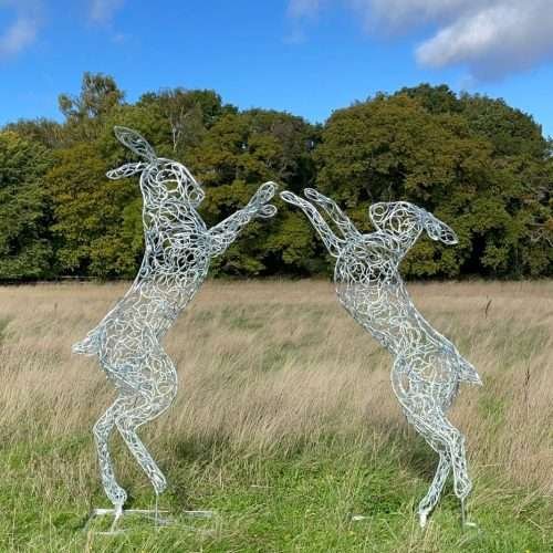 7ft Galvanised Boxing Hares Sculpture