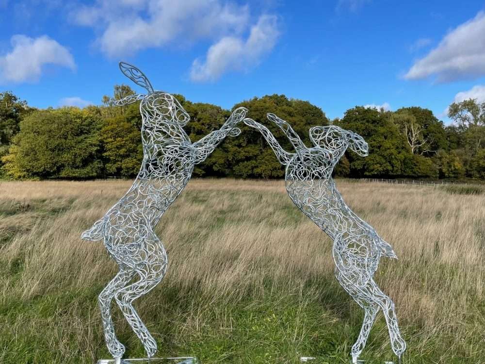 7ft Galvanised Boxing Hares Sculpture close up