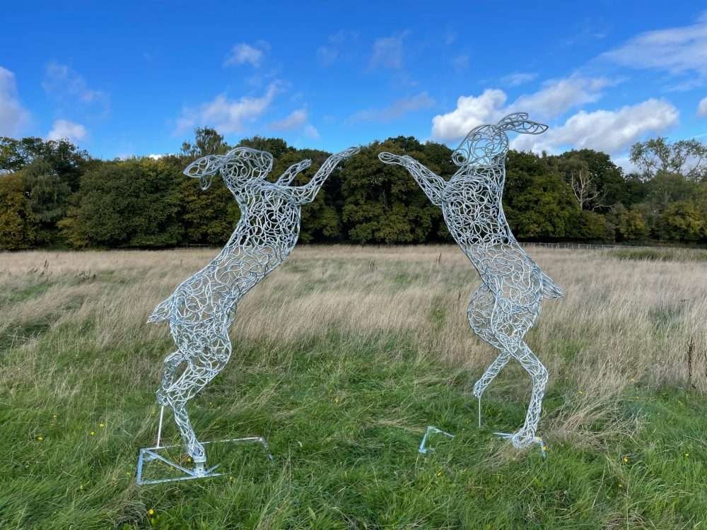 7ft Galvanised Boxing Hares Sculpture