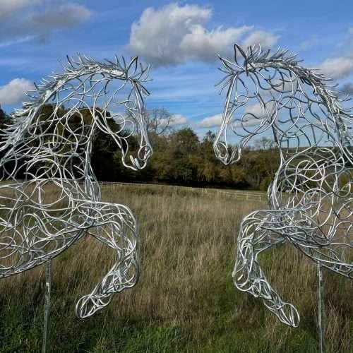 Close Up Two Rearing Horse Sculpture